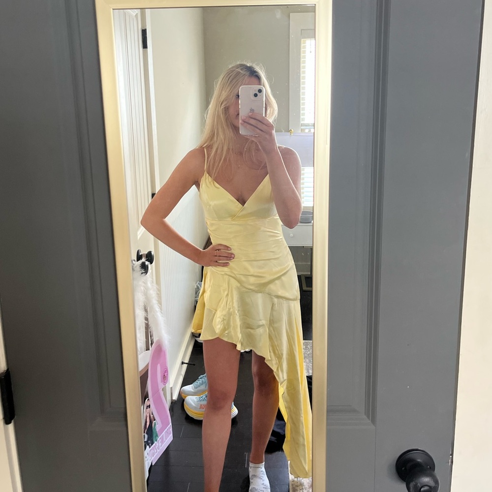 Bardot Pale Yellow High-Low Satin Slip Dress